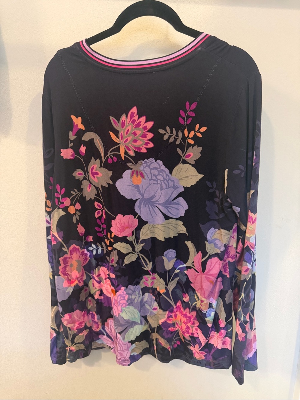 Johnny Was,  gorgeous black floral Long Sleeve Top with Pink & Purple Blooms